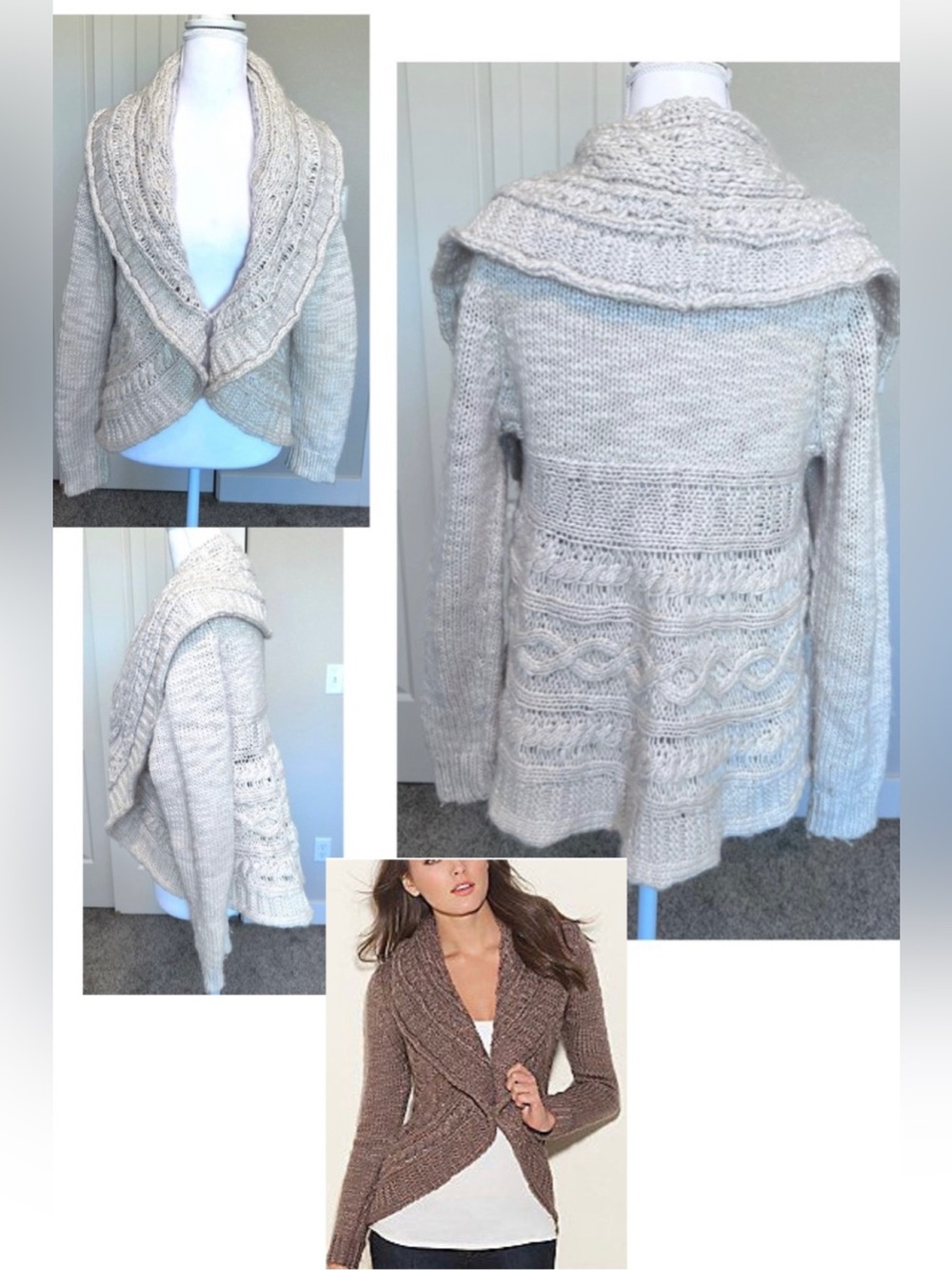 Guess Open-front cream cardigan draped waterfall design shawl collar Sz Large